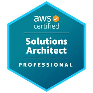 The AWS Certified Solutions Architect – Professional badge, a teal and blue hexagon with the AWS Certified logo above the words Solutions Architect and Professional.