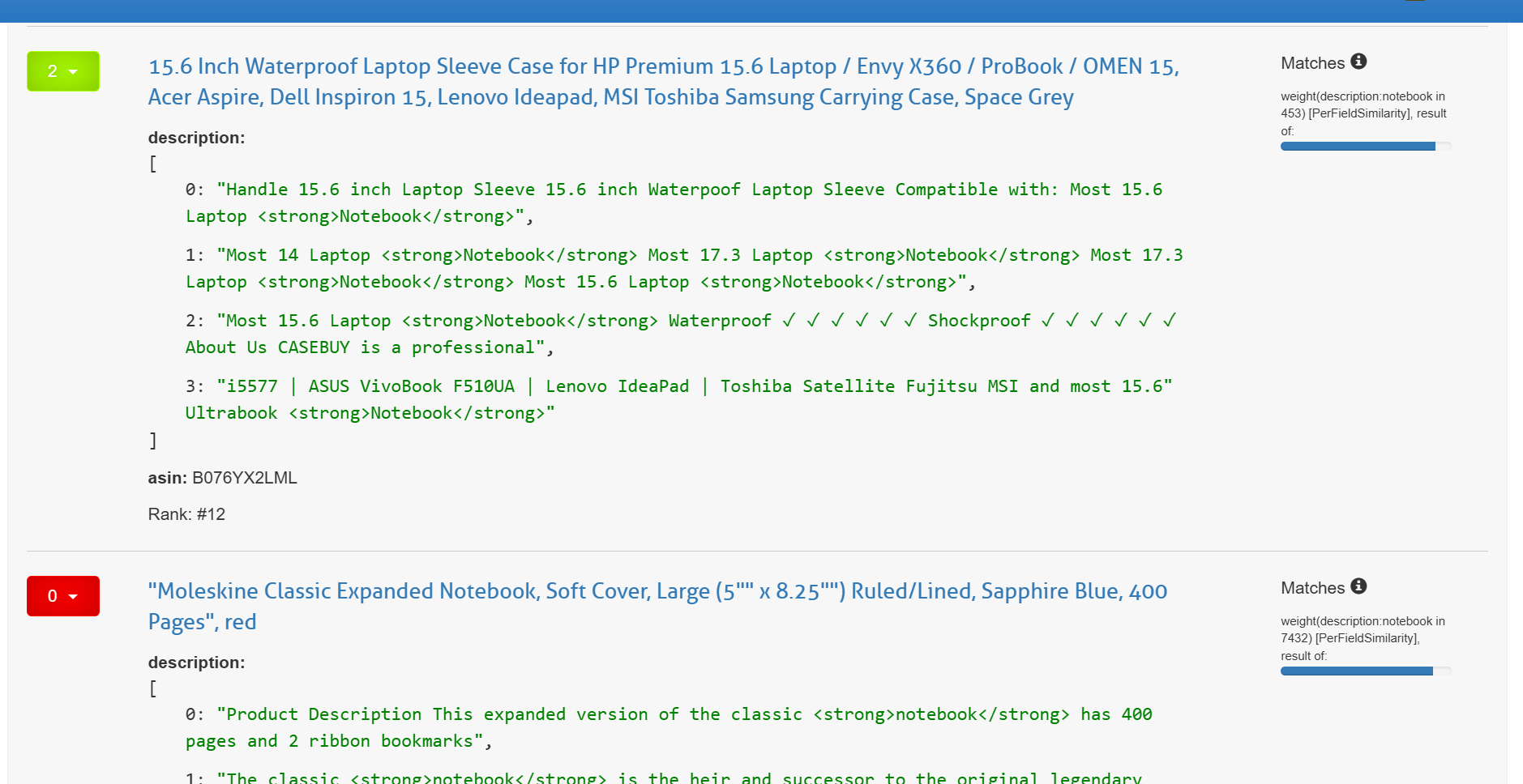Two Quepid search results for the notebook query. The top result, a waterproof laptop sleeve, is rated 2. The bottom result, a Moleskine paper notebook, is rated 0.